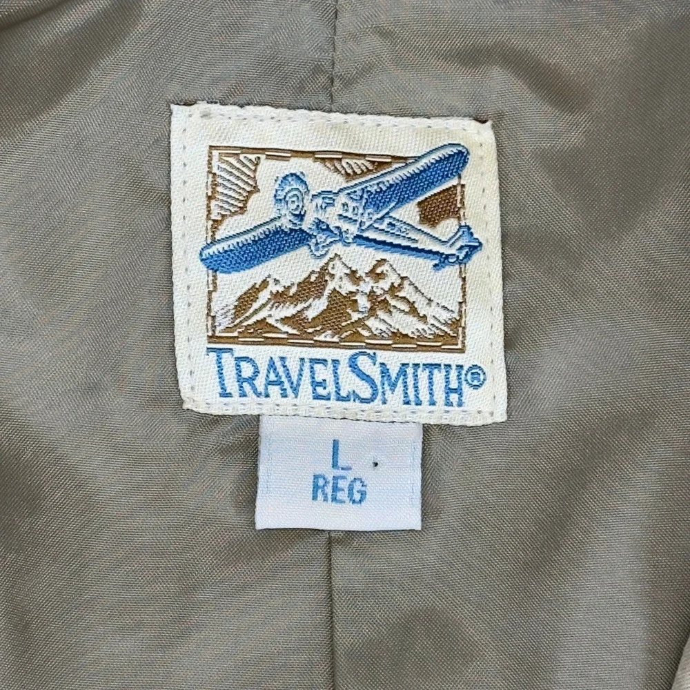 TravelSmith Safari Travel Blazer Sport Coat Large Khaki Tan Multi Pocket Lined